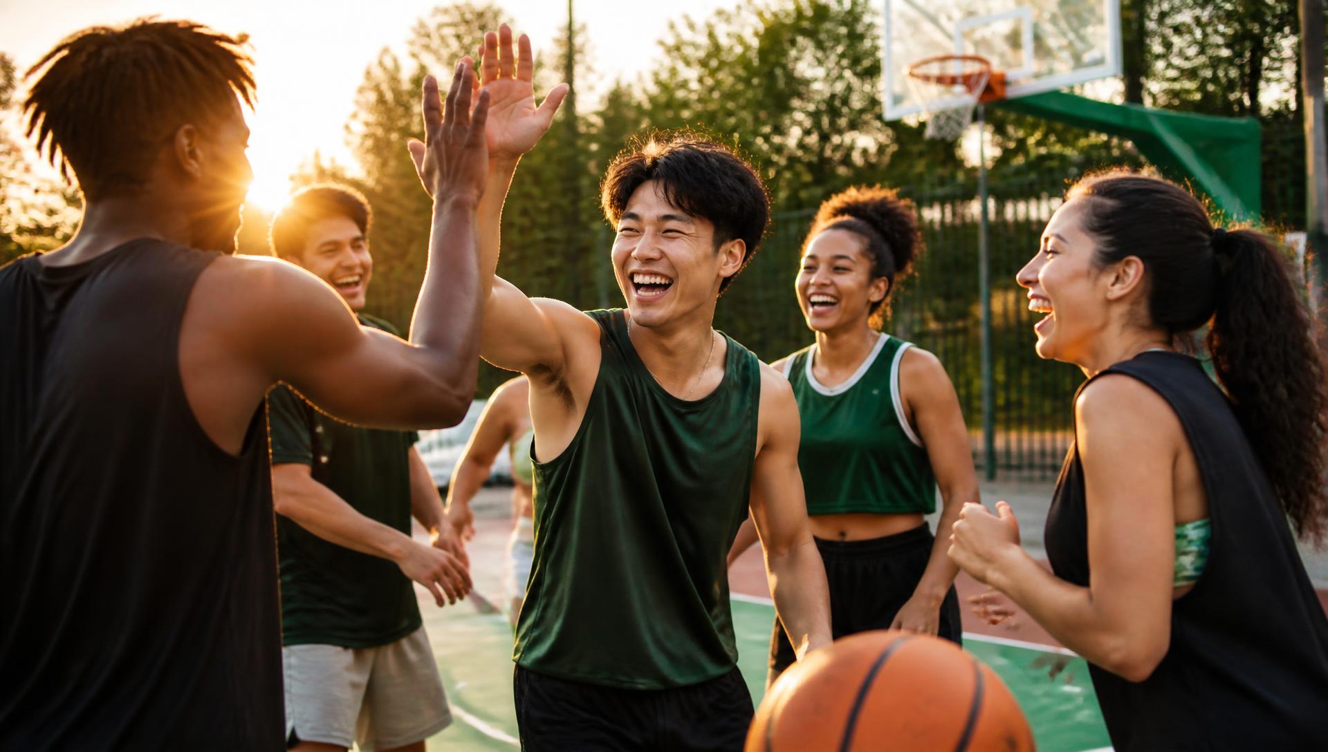 College students high-fiving and laughing after a pickup basketball game at golden hour